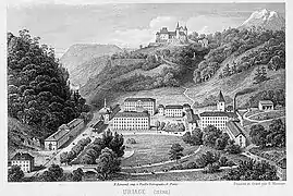 La station thermale dominée par le château d'Uriage sur une gravure du XIXe&nbsp;siècle.