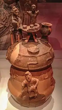 Urne étrusque de Montescudaio, -VIIe siècle, montrant un banquet étrusque et un boulanger fabriquant du pain.