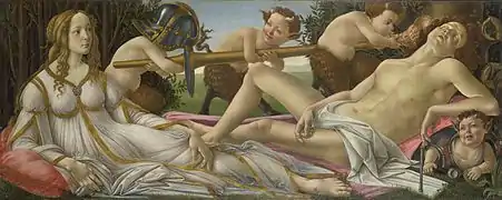 Sandro Botticelli, Vénus et Mars, c 1485. Tempera et huile sur panneau de peuplier, 69&nbsp;×&nbsp;173&nbsp;cm.