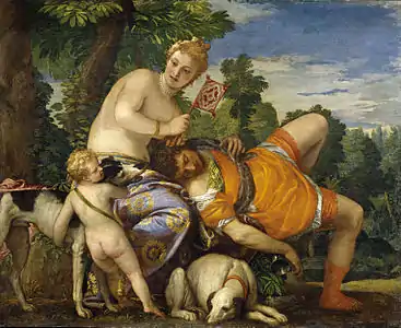 Image d'une peinture montrant Un homme endormi, la tête posée sur les genoux d'une femme qui caresse ses cheveux en tenant un petit drapeau dans sa main droite. Aux pieds des deux personnages se trouvent deux chiens de chasse, dont l'un est entravé par un ange. Derrière eux se trouve un paysage de nature luxuriante, le ciel en arrière-plan est parsemé de nuages denses.