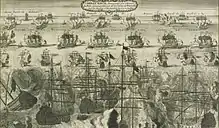 Gravure où des bateaux se tirent dessus à coup de canon