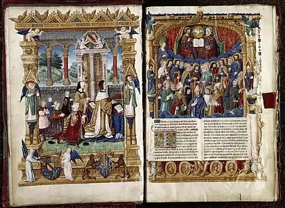 Double page enluminée d'un manuscrit médiéval.