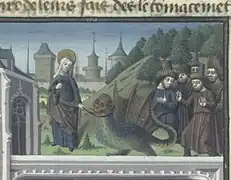 Marthe et la Tarasque, détail de la partie supérieure du folio 340v, Manuscrits Français 50 de la BNF, Vincentius Bellovacensis, Speculum historiale (XVe&nbsp;siècle).