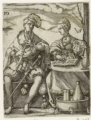 4. Les deux musiciens, vers 1545, estampe, 58 × 46 mm, no 10 de la série Danseurs et musiciens, Rijksmuseum, Amsterdam.