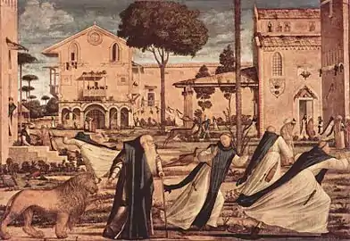 Saint Jérôme conduisant au monastère le lion blessé, 141&nbsp;×&nbsp;211&nbsp;cm, 1502, huile sur toile, Scuola di San Giorgio, Venise.