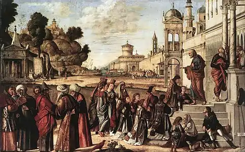 Saint Étienne et six de ses collègues diacres consacrée par saint Pierre, 1511, 148&nbsp;×&nbsp;231&nbsp;cm, tempera sur toile, Gemäldegalerie (Berlin).