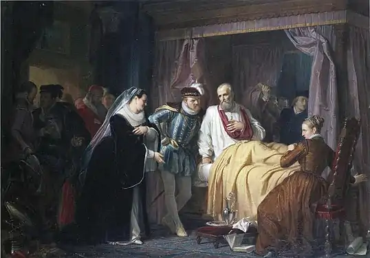 Charles IX et Catherine de Médicis s'enquérant de Coligny, après l'arquebusade dont il est victime le 22 août 1572, 1849, huile sur toile de Georg Wilhelm Volkhart (de), Musée d'Art d'Hämeenlinna en Finlande