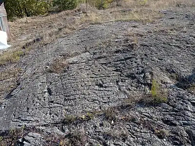 Sur le bloc principal, lissé par l’ancien glacier, des gravures rupestres