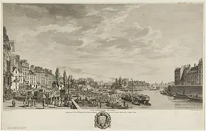 Quai des Célestins (à gauche) vu du quai de l'Hôtel de Ville, les pointes des îles Saint-Louis et la Cité, quai aux Fleurs, en 1788 (dessin de Louis-Nicolas de Lespinasse, gravure de Pierre-Gabriel Berthault).