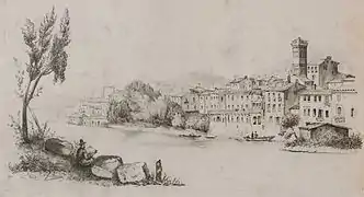 Vue de la ville italienne d'Orta San Giulio, dessin par le général Rouen, XIXe&nbsp;siècle, vers 1868.