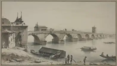 Vue de l'ancien pont de la Guillotière au XVIIIe&nbsp;siècle, premier sur le Rhône.