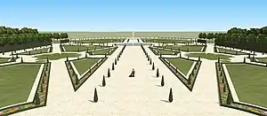 Vue simulée du parterre depuis le premier étage du château. XVIIIe&nbsp;siècle.