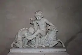 Saint-Jean-Baptiste embrassant le pied de l'Enfant Jésus assis sur un mouton, XVIIe&nbsp;siècle, 1516, offert par le Pape Léon X à Francois 1er.