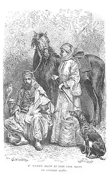 Gravure d'un homme et d'une femme en vêtements arabes près d'un cheval.