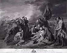 Gravure en noir et blanc. Tandis qu'une bataille est toujours en cours à l'arrière-plan, un groupe de personnages est rassemblé autour du général Wolfe, allongé mais soutenu par trois personnages, au centre. Parmi les personnages, un indien agenouillé à gauche, un porte-drapeau à droite et semble-t-il, des officiers d'armées différentes.