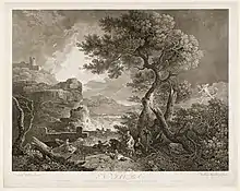 Niobé est au centre, serrant un petit enfant vers elle et lève les yeux vers le ciel. À droite, Apollon et Artémis tirent des flèches sur ses enfants. Plusieurs sont déjà morts ou blessés ; les autres, à gauche, tentent de s'échapper. Il y a une masse d'arbres cassés à l'extrême droite, une forteresse et une mer orageuse avec un éclair à gauche. L'image est dans le sens inverse de celui du tableau, à savoir que l'arbre du premier plan est à droite et la forteresse à gauche.