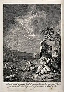 Women shelter in fear by a tree, as the deluge sweeps the land (Wellcome Collection).