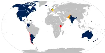 Carte du monde, qui représente notamment les pays dont au moins une région permet d'enlever complètement le marqueur de genre du passeport, comme l'Australie, l'Inde, ou des pays d'Amérique du Nord et d'Amérique du Sud.