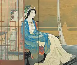 La belle Yang Guifei, concubine de l'empereur Xuanzong des Tang (1922). Paravent à deux feuilles, couleurs sur soie, Musée d'art Shōhaku&nbsp;(en), Nara.
