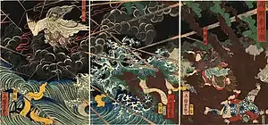 Peinture en trois parties. La première, à gauche, représente un homme entouré d'éclairs volant au-dessus d'une mer agitée. Au milieu, les vagues rencontrent la terre et on peut également observer plusieurs éclairs. Sur la troisième partie, trois personnages sont proches d'un arbre.