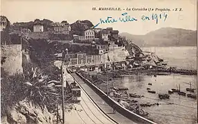 Tramway sur la Corniche, au début du XXe&nbsp;siècle.
