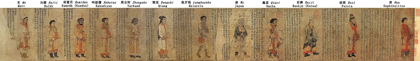 Portraits des offrandes périodiques des Liang avec description de chaque ambassadeur, peinture du VIe&nbsp;siècle.