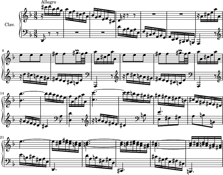 
\version "2.18.2"
\header {
  tagline = ##f
  % composer = "Domenico Scarlatti"
  % opus = "K. 553"
  % meter = "Allegro"
}

%% les petites notes
trillGisqqp     = { \tag #'print { gis16.\prall } \tag #'midi { a32 gis a } }

upper = \relative c'' {
  \clef treble 
  \key d \minor
  \time 3/8
  \tempo 4. = 54
  \set Staff.midiInstrument = #"harpsichord"
  \override TupletBracket.bracket-visibility = ##f

      s8*0^\markup{Allegro}
      r16 cis'16 d a bes g | a e f cis d a | bes g a e f cis | { \tag #'print d16 \tag #'midi r16 } r16 r8 r8 | 
      % ms. 5
      R4.*2 | r16 \repeat unfold 2 { a'16 cis e a a, | e'8 e e | fis fis \trillGisqqp fis64 gis | a16 }
      % ms. 13 suite
      a,16 cis e a a, | < bes bes' >4.~ bes'16 bes a g f e | f a, d f a a, | < c c' >4.~ 
      % ms. 18
      c'16 c b a gis fis | gis fis e dis e b | cis a gis fis e dis | e'4.~ | e16 < cis e > < d fis > < cis e > < b d > < a cis > | < b d >4.~
      % ms. 24
      < b d >16 q < cis e > < b d > < a cis > < gis b > | < a cis >4.~
      % ms. 30
      < a cis >16 q < b d > < a cis > < gis b > < fis a > |

}

lower = \relative c' {
  \clef bass
  \key d \minor
  \time 3/8
  \set Staff.midiInstrument = #"harpsichord"
  \override TupletBracket.bracket-visibility = ##f

    % ************************************** \appoggiatura a16  \repeat unfold 2 {  } \times 2/3 { }   \omit TupletNumber 
      d,,8 r8 r8 | R4.*2 | d''16 a bes g a e | f cis d a bes g |
      % ms. 6
      a16 e f cis d b |  \repeat unfold 2 { \clef bass a4 r8   \clef treble  r16 d'''16 cis b a gis | fis e d cis b e } | \clef bass
      % ms. 13
       a,,,4 r8 |  \clef treble r16 a''' g f e d | cis4   \clef bass a8 | < d, d' >4 r8 |  \clef treble  r16 b''16 a g fis e |
      % ms. 18
      dis4  \clef bass b8 | << { e4. } \\ { e,8 fis gis } >> | a8 b b, | e'16 b cis gis a e | d,4. | d''16 a b fis gis d |
      % ms. 24
      cis,4. | cis''16 gis a e fis cis | b,4. | % b''16 fis gis d e b | a,4 cis'8 | d e e, |
      % ms. 30
      % < a a' >4 < b b' >8 | < e, e' >8 a' b | e16 b cis gis, a e | d,4. | 

}

thePianoStaff = \new PianoStaff <<
    \set PianoStaff.instrumentName = #"Clav."
    \new Staff = "upper" \upper
    \new Staff = "lower" \lower
  >>

\score {
  \keepWithTag #'print \thePianoStaff
  \layout {
      #(layout-set-staff-size 17)
    \context {
      \Score
     \override SpacingSpanner.common-shortest-duration = #(ly:make-moment 1/2)
      \remove "Metronome_mark_engraver"
    }
  }
}

\score {
  \keepWithTag #'midi \thePianoStaff
  \midi { }
}
