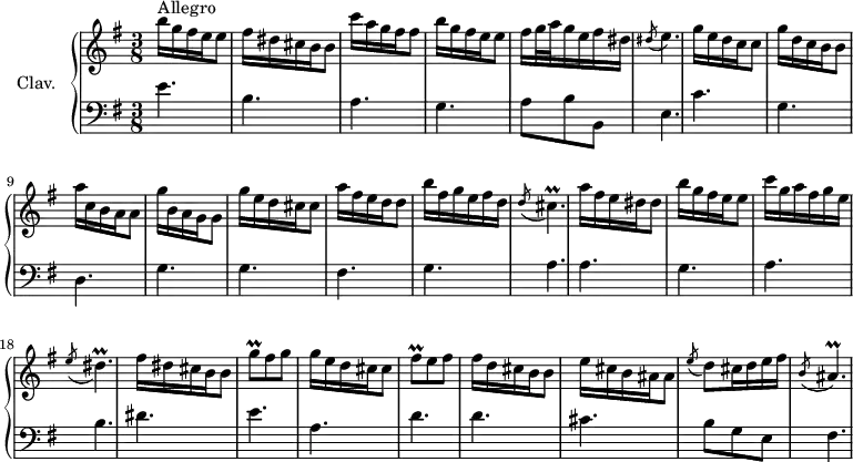\version "2.18.2"
\header {
tagline = ##f
% composer = "Domenico Scarlatti"
% opus = "K. 292"
% meter = "Allegro"
}
%% les petites notes
trillGqUp = { \tag #'print { g'8\prall } \tag #'midi { a32 g a g } }
trillFisq = { \tag #'print { fis8\prall } \tag #'midi { g32 fis g fis } }
trillAisp = { \tag #'print { ais4.\prall } \tag #'midi { b32 ais b ais~ ais4 } }
trillDisp = { \tag #'print { dis4.\prall } \tag #'midi { e32 dis e dis~ dis4 } }
trillCisp = { \tag #'print { cis4.\prall } \tag #'midi { d32 cis d cis~ cis4 } }
upper = \relative c'' {
\clef treble
\key e \minor
\time 3/8
\tempo 4. = 82
s8*0^\markup{Allegro}
b'16 g fis e e8 | fis16 dis cis b b8 | c'16 a g fis fis8 | b16 g fis e e8 | fis16 g32 a g16 e fis dis | \acciaccatura dis8 e4. |
% ms. 7
g16 e d c c8 | g'16 d c b b8 | a'16 c, b a a8 | g'16 b, a g g8 | g'16 e d cis cis8 | a'16 fis e d d8 |
% ms. 13
b'16 fis g e fis d | \acciaccatura d8 \trillCisp | a'16 fis e dis dis8 | b'16 g fis e e8 | c'16 g a fis g e | \acciaccatura e8 \trillDisp |
% ms. 19
fis16 dis cis b b8 | \trillGqUp fis g | g16 e d cis cis8 | \trillFisq e fis | fis16 d cis b b8 | e16 cis b ais ais8 |
% ms. 25
\acciaccatura e'8 d8 cis16 d e fis | \acciaccatura b,8 \trillAisp |
% ms. 31
% ms. 37
}
lower = \relative c' {
\clef bass
\key e \minor
\time 3/8
% ************************************** \appoggiatura a16 \repeat unfold 2 { } \times 2/3 { } \omit TupletNumber
e4. b a g | a8 b b, | e4. |
% ms. 7
c'4. g d g g fis |
% ms. 13
g4. a a g a b |
% ms. 19
dis4. e a, d d cis |
% ms. 25
b8 g e | fis4. |% << {} \\ { fis'4 e8 } >>
% ms. 31
% ms. 37
}
thePianoStaff = \new PianoStaff <<
\set PianoStaff.instrumentName = #"Clav."
\new Staff = "upper" \upper
\new Staff = "lower" \lower
>>
\score {
\keepWithTag #'print \thePianoStaff
\layout {
#(layout-set-staff-size 17)
\context {
\Score
\override TupletBracket.bracket-visibility = ##f
\override SpacingSpanner.common-shortest-duration = #(ly:make-moment 1/2)
\remove "Metronome_mark_engraver"
}
}
}
\score {
\keepWithTag #'midi \thePianoStaff
\midi { \set Staff.midiInstrument = #"harpsichord" }
}