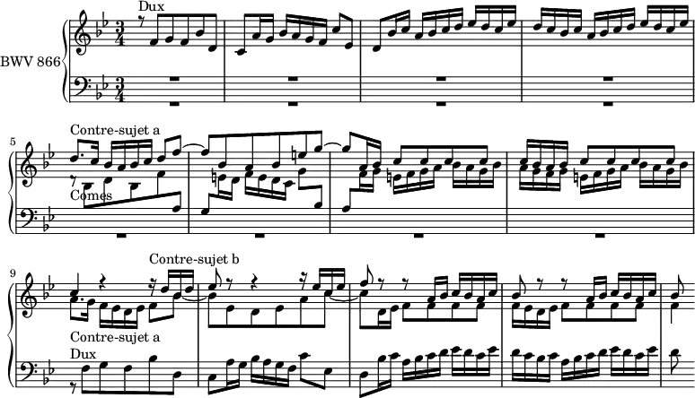 
\version "2.18.2"
\header {
  tagline = ##f
}

Dux          = { r8^\markup{Dux} f8 g f bes d, c a'16 g bes a g f c'8 ees, d bes'16 c a bes c d ees d c ees d c bes c a bes c d ees d c ees }
Comes        = { \stemDown \change Staff ="upper" d8\rest_\markup{Comes} bes8 d bes f' \stemUp \change Staff ="lower" a, g \stemDown \change Staff ="upper" e'16 d f e d c g'8 \stemUp \change Staff ="lower" bes, a \stemDown \change Staff ="upper" f'16 g e f g a bes a g bes a g f g e f g a bes a g bes }

ContreSujetA = { d8.^\markup{Contre-sujet a} c16 bes a bes c d8 f~ f bes, a bes e g~ g a,16 bes \repeat unfold 4 { c8 } c16 bes a bes \repeat unfold 4 { c8 } c4 }
ContreSujetB = { r16^\markup{Contre-sujet b} d16 bes d ees8 r8 r4 r16 ees16 c ees f8 \repeat unfold 2 { r8 r8 a,16 bes c bes a c bes8 } }

upper = \relative c' {
  \clef treble 
  \key bes \major
  \time 3/4
  \tempo 4 = 92
  \set Staff.midiInstrument = #"harpsichord" 

   %% FUGUE CBT I-21, BWV 866, si-bémol majeur
   << { \Dux \ContreSujetA r4 \ContreSujetB } \\ { s2.*8 a8._\markup{Contre-sujet a} g16 f ees d ees f8 bes8~ bes ees, d ees a c~ c d,16 ees \repeat unfold 4 { f8 } f16 ees d ees \repeat unfold 4 { f8 } f4 } >> % voix alto ms. 9

}

lower = \relative c {
  \clef bass 
  \key bes \major
  \time 3/4
  \set Staff.midiInstrument = #"harpsichord" 
    
   << { R2.*4 \relative c' \Comes } \\ { R2.*8 \relative c \Dux d'8 } >>
    
} 

\score {
  \new PianoStaff <<
    \set PianoStaff.instrumentName = #"BWV 866"
    \new Staff = "upper" \upper
    \new Staff = "lower" \lower
  >>
  \layout {
    \context {
      \Score
      \remove "Metronome_mark_engraver"
      \override SpacingSpanner.common-shortest-duration = #(ly:make-moment 1/2) 
    }
  }
  \midi { }
}
