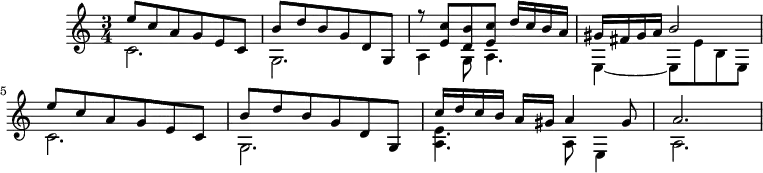 
\header {
  tagline = ##f
}

\score {
  \new Staff \with {

  }
<<
  \relative c' {
    \key c \major
    \time 3/4
    \override TupletBracket #'bracket-visibility = ##f 
    \autoBeamOff
    \tempo 4 = 80
    \set Staff.midiInstrument = #"orchestral harp"

     %%%%%%%%%%%%%%%%%%%%%%%%%% Luys de Narváez
     %%%%% Diferencias sobre Guárdame las Vacas

           <<
                 \new Voice                                
                 \relative c''
                 {       \voiceOne 
                         e8 c a g e c b' d b g d g, r8 < c' e, >8 < b d, >8 < c e, >8 d16 c b a gis fis gis a b2 e8 c a g e c b' d b g d g, c'16 d c b a gis a4 gis8 a2.
                 }
                                        
                 \new Voice              
                 \relative c'
                 {      \voiceTwo          
                         c2. g a4 g8 a4. e4~ e8 e' b e,
                         c'2. g < a e' >4. a8 e4 a2.       
                 }
         >>
  }
>>
  \layout {
    \context { \Score \remove "Metronome_mark_engraver" }
    \context {
      \remove "Metronome_mark_engraver"
    }
  }
  \midi {}
}

