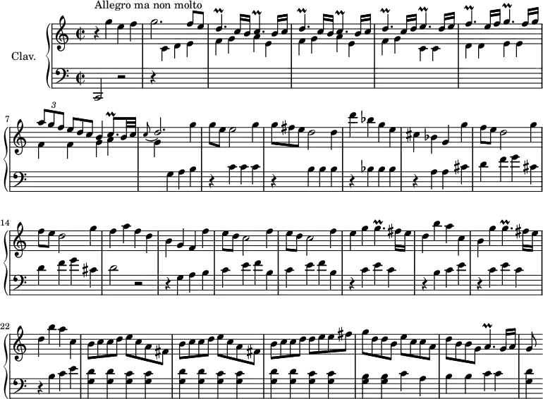
\version "2.18.2"
\header {
  tagline = ##f
  % composer = "Domenico Scarlatti"
  % opus = "K. 166"
  % meter = "Allegro"
}

%% les petites notes
trillCp       = { \tag #'print { c4.\prall } \tag #'midi { d16 c d c d c } }
trillDp       = { \tag #'print { d4.\prall } \tag #'midi { e16 d e d e d } }
trillFp       = { \tag #'print { f4.\prall } \tag #'midi { g16 f g f g f } }
trillEp       = { \tag #'print { e4.\prall } \tag #'midi { f16 e f e f e } }
trillGp       = { \tag #'print { g4.\prall } \tag #'midi { a16 g a g a g } }
trillCqp      = { \tag #'print { c8.\prall } \tag #'midi { c16 d c } }
trillAp       = { \tag #'print { a4.\prall } \tag #'midi { b16 a b a b a } }

upper = \relative c'' {
  \clef treble 
  \key c \major
  \time 2/2
  \tempo 2 = 88
  \set Staff.midiInstrument = #"harpsichord"

      s8*0^\markup{Allegro ma non molto}
      r4 g'4 e f | g2. \stemUp f8 e | \repeat unfold 2 { \trillDp c16 b \trillCp b16 c } | \trillDp c16 d \trillEp d16 e |
      % ms. 6
      \trillFp e16 f \trillGp f16 g | \times 2/3 { a8 g f } \omit TupletNumber \times 2/3 { e8[ d c] } b4 \trillCqp b32 c | \appoggiatura c8 d2. \stemNeutral   g4 g8 | e e2 g4  | \times 2/3 { g8 fis e } d2 d4 |
      % ms. 11
      d'4 bes g e | cis bes g g' | \repeat unfold 2 { f8 e d2 g4 } | f4 a f d |
      % ms. 16
      b4 g f f' | \repeat unfold 2 { e8 d c2 f4 } | e4 g \trillGp fis16 e | d4 b' a c, |
      % ms. 21
      b4 g' \trillGp fis16 e | d4 b' a c,| \repeat unfold 2 { b8 c c d e c a fis } | b8 c c d d e e fis |
      % ms. 26
      g8 d d b e c c a | d b b g \trillAp g16 a | g8

}

lower = \relative c' {
  \clef bass
  \key c \major
  \time 2/2
  \set Staff.midiInstrument = #"harpsichord"

    % ************************************** \appoggiatura a16  \repeat unfold 2 {  } \times 2/3 { }   \omit TupletNumber 
      c,,2 r2 | r4 \stemDown \change Staff = "upper"  c''4 d e | \repeat unfold 2 { f4 g a e } | f g c, c |
      % ms. 6
      d4 d e e | f f g a | g \stemNeutral \change Staff = "lower" g, a b | r4 c c c |r4 b b b |
      % ms. 11
      r4 bes4 bes bes | r4 a a cis | \repeat unfold 2 { d f g cis, } | d2 r2 |
      % ms. 16
      r4 g,4 a b | \repeat unfold 2 { c e f b, } | \repeat unfold 2 { r4 c e c | r4 b c e } |
      % ms. 23
      \repeat unfold 3 { < g, d' >4 q < g c > q } | 
      % ms. 31
      < g b >4 q c a | b b c c | < g d' >

}

thePianoStaff = \new PianoStaff <<
    \set PianoStaff.instrumentName = #"Clav."
    \new Staff = "upper" \upper
    \new Staff = "lower" \lower
  >>

\score {
  \keepWithTag #'print \thePianoStaff
  \layout {
      #(layout-set-staff-size 17)
    \context {
      \Score
     \override TupletBracket.bracket-visibility = ##f
     \override SpacingSpanner.common-shortest-duration = #(ly:make-moment 1/2)
      \remove "Metronome_mark_engraver"
    }
  }
}

\score {
  \keepWithTag #'midi \thePianoStaff
  \midi { }
}
