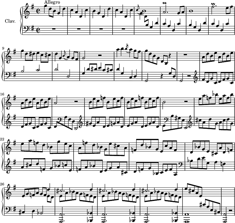 \version "2.18.2"
\header {
tagline = ##f
}
%% les petites notes
trillAbp = { \tag #'print { a2.\prall } \tag #'midi { b16 a b a b a b a~ a4 } }
trillFisbpUp = { \tag #'print { fis'2.\prall } \tag #'midi { g16 fis g fis g fis g fis~ fis4 } }
upper = \relative c'' {
\clef treble
\key g \major
\time 2/2
\tempo 2 = 98
\set Staff.midiInstrument = #"harpsichord"
\override TupletBracket.bracket-visibility = ##f
s8*0^\markup{Allegro}
g'4 d8 b g4 d' | c a d, c' | b g d | d' | c a d, c' |
% ms. 5
\appoggiatura c8 b1 | \trillAbp g8 a | b1 | \trillFisbpUp e8 fis |
% ms. 9
g4 d8 dis e4 c8 cis | d4 g, \appoggiatura b8 a4 g8 fis | g2 r2 | a'4 b \acciaccatura b8 a4 g8 fis |
% ms. 13
g8 d b g d b r4 | R1 | \repeat unfold 4 { a'8 d b e } |
% ms. 17
a,2 r2 | \repeat unfold 4 { b8 e c f } | b,2 r2 |
% ms. 21
\repeat unfold 2 { e8 a f bes } | e,8 a f d bes g' e c | a f' d bes g e' cis a | f d' bes g e c' a f |
% ms. 25
d8 bes' g e cis a' d, f | e g f a g f << { d'4 } \\ { e,8 d } >>
\repeat unfold 3 { << { cis'2. d4 } \\ { e,8 a bes a g f e d } >> }
% ms. 30
e'8 cis a e | \stemUp \change Staff = "lower" cis8 a e cis | s1
}
lower = \relative c' {
\clef bass
\key g \major
\time 2/2
\set Staff.midiInstrument = #"harpsichord"
\override TupletBracket.bracket-visibility = ##f
% **************************************
R1*4 | \stemDown \change Staff = "upper" g'4 d8 \stemUp \change Staff = "lower" b g4 d' | c a d, c' | b g d d' | c a d, c' |
% ms. 9
b2 c | d d, | g4 d'8 dis e4 c8 cis | d4 g, c, d |
% ms. 13
g,2 r4 | g'8 d | g,2 r2 | \clef treble fis''8 d g c, | \repeat unfold 3 { d8 fis g c, } |
% ms. 17
d8 \clef bass \stemDown a fis d \stemNeutral d,2 | \clef treble
% ms. 12
gis''8 e a d, \repeat unfold 3 { e g a d, } | e8 \clef bass \stemDown b gis e \stemNeutral e,2 | \clef treble
% ms. 21
cis'''8 a d g, a cis d g, | a cis d f, g bes c e, | f a bes d, e g a cis, | d f g bes, c e f a, | \clef bass
% ms. 25
bes8 d e g, a4 f | cis d bes2 | \repeat unfold 3 { < a, a' >2. < bes bes' >4 } |
% ms. 30
< a a' >1 | q2 r2
}
thePianoStaff = \new PianoStaff <<
\set PianoStaff.instrumentName = #"Clav."
\new Staff = "upper" \upper
\new Staff = "lower" \lower
>>
\score {
\keepWithTag #'print \thePianoStaff
\layout {
#(layout-set-staff-size 17)
\context {
\Score
\override SpacingSpanner.common-shortest-duration = #(ly:make-moment 1/2)
\remove "Metronome_mark_engraver"
}
}
}
\score {
\keepWithTag #'midi \thePianoStaff
\midi { }
}