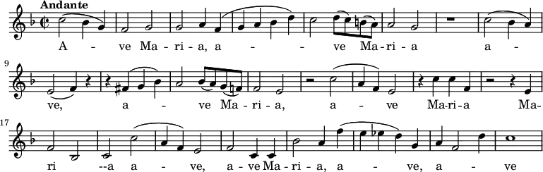 <<
\new Voice = "melody" \relative c' {
\version "2.18.2"
\key f \major
\time 2/2
\tempo "Andante"
c'2 (bes4 g) f2 g g a4 f (\melisma g a bes d) c2 \melismaEnd d8 (c) b (a) a2 g r1
c2 (bes4 a) e2 (f4) r
r fis (\melisma g bes)
a2 \melismaEnd bes8 (a) g (f!)
f2 e r
c' (a4 f) e2
r4 c' c f,
r2 r4 e
f2 \melisma
bes, \melismaEnd c c' (a4 f) e2
f c4 c bes'2 a4 f' (e ees d) g, a \melisma f2 d'4 \melismaEnd c1
}
\new Lyrics \lyricsto "melody" {
A -- ve Ma -- ri -- a, a -- ve Ma -- ri -- a
a -- ve, a -- ve Ma -- ri -- a, a -- ve Ma -- ri -- a Ma -- ri --a a -- ve,
a -- ve Ma -- ri -- a, a -- ve, a -- ve}
>>
