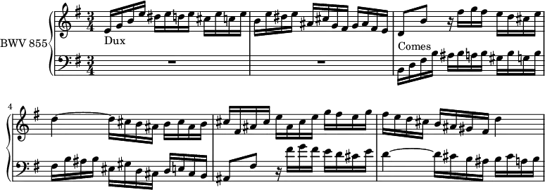 
\version "2.18.2"
\header {
  tagline = ##f
}

Dux         = { e16_\markup{Dux}  g b e dis e d e cis e c e | b e dis e ais, cis g fis g ais fis e }
ContreSujet = { d8 b' r16 fis'16 g fis e d cis e d4~ d16 cis b ais b cis ais b }
Comes       = { b16^\markup{Comes} d fis b ais b a b gis b g b fis b ais b eis, gis d cis d e cis b }

upper = \relative c' {
  \clef treble
  \key e \minor
  \time 3/4
  \tempo 4 = 126
  \set Staff.midiInstrument = #"harpsichord"

   %% FUGUE CBT I-10, BWV 855, mi mineur
   \Dux \ContreSujet cis16 fis, ais cis e ais, cis e g fis e g fis e d cis b ais gis fis d'4~

}

lower = \relative c {
  \clef bass
  \key e \minor
  \time 3/4
  \set Staff.midiInstrument = #"harpsichord"
 
   R2.*2 \Comes ais8 fis' r16 fis'16 g fis e d cis e d4~ d16 cis b ais b cis a b

}

\score {
  \new PianoStaff <<
    \set PianoStaff.instrumentName = #"BWV 855"
    \new Staff = "upper" \upper
    \new Staff = "lower" \lower
  >>
  \layout {
    \context {
      \Score
      \remove "Metronome_mark_engraver"
    }
  }
  \midi { }
}
