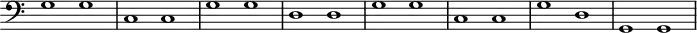 
\header {
  tagline = ##f
}

\score {
  \new Staff \with {
    \remove "Time_signature_engraver"

  }
<<
  \relative c' {
    \key c \major
    \clef bass
    \time 4/2
    \tempo 1 = 70
    \override TupletBracket #'bracket-visibility = ##f 
    \autoBeamOff
    \set Staff.midiInstrument = #"cello"

     %%%%%%%%%%%%%%%%%%%%%%%%%% Passa
     g1 g c, c g' g d d g g c, c g' d g, g

  }
>>
  \layout {
    \context { \Score \remove "Metronome_mark_engraver" }
   
  }
  \midi {}
}
