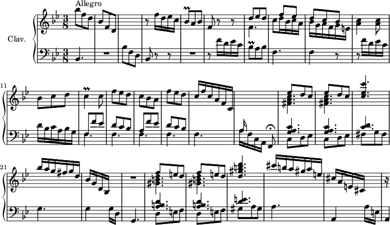 
\version "2.18.2"
\header {
  tagline = ##f
  % composer = "Domenico Scarlatti"
  % opus = "K. 249"
  % meter = "Allegro"
}

%% les petites notes
trillBesq    = { \tag #'print { bes8\prall } \tag #'midi { c32 bes c bes } }
trillC       = { \tag #'print { c4\prall } \tag #'midi { d32 c d c~ c8 } }

upper = \relative c'' {
  \clef treble 
  \key bes \major
  \time 3/8
  \tempo 4. = 78
  \set Staff.midiInstrument = #"harpsichord"
  \override TupletBracket.bracket-visibility = ##f

      s8*0^\markup{Allegro}
      bes'8 f d | bes f d | s4. | r8 f'16 d ees c | \trillBesq a8 bes | f r8 r8 |
      % ms. 7
      << { d'8 ees d | s8 f8 ees | d c bes } \\ { f4. | c'8 d16 bes c a | bes g a f g e } >> | < a c >4 q8 | bes8 c d | \trillC c8
      % ms. 13
      f8 ees d | c bes a | f' ees d | c16 f c a f c | \stemUp \change Staff = "lower"  a16 \change Staff = "upper" s16 s4 | \repeat unfold 2 {  << { ees''8 d c } \\ { < fis, a c >4.-\tweak stencil ##f \p } >> }
      % ms. 20
      < c' ees c' >4. | bes'16 a g fis g d | bes g d bes s8 | R4. | \repeat unfold 2 {  << { f''8 e d } \\ { < gis, b d >4.-\tweak stencil ##f \p } >> } | < d' gis b d >4.
      % ms. 27
      cis'16 b a gis a e | cis a e cis s8 | r16

}

lower = \relative c' {
  \clef bass
  \key bes \major
  \time 3/8
  \set Staff.midiInstrument = #"harpsichord"
  \override TupletBracket.bracket-visibility = ##f

    % ************************************** \appoggiatura a8  \repeat unfold 2 {  } \times 2/3 { }   \omit TupletNumber 
      bes,4. | R4. | bes'8 f d | bes8 r8 r8 | R4. | r8 f''16 d ees c |
      % ms. 7
      \trillBesq a8 bes | f4. | f4 r8 | r8 f'16 d ees c | d bes c a bes g | << { f8 f' ees | d c bes | a f' ees | d c bes } \\ { \mergeDifferentlyDottedOn \repeat unfold 5 { f4. } } >>
      % ms. 17
      a16[ f c a]   \tempo 4. = 40 f8\fermata   \tempo 4. = 78 | << { < g' a c >4.-\tweak stencil ##f \p q < c d > } \\ { c,8 d ees | c d ees | fis g fis } >> | g4. | g4 g16 d | \tempo 4. = 50 g,4. \tempo 4. = 78 |
      % ms. 24
      << { < a' b d >4.-\tweak stencil ##f \p q < d e > } \\ { d,8 e f | d e f | gis a gis } >>
      % ms. 27
      a4. a,4 a'16 e | \tempo 4. = 10 a,4*1/4

}

thePianoStaff = \new PianoStaff <<
    \set PianoStaff.instrumentName = #"Clav."
    \new Staff = "upper" \upper
    \new Staff = "lower" \lower
  >>

\score {
  \keepWithTag #'print \thePianoStaff
  \layout {
      #(layout-set-staff-size 17)
    \context {
      \Score
     \override SpacingSpanner.common-shortest-duration = #(ly:make-moment 1/2)
      \remove "Metronome_mark_engraver"
    }
  }
}

\score {
  \keepWithTag #'midi \thePianoStaff
  \midi { }
}
