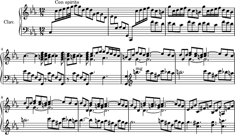 
\version "2.18.2"
\header {
  tagline = ##f
}

%% les petites notes
trillFp     = { \tag #'print { f4.\prall } \tag #'midi { g32 f g f~ f4 } }

% \times 2/3 {
upper = \relative c'' {
  \clef treble 
  \key c \minor
  \time 12/8
  \tempo 4. = 80
  \set Staff.midiInstrument = #"harpsichord"

     \stemUp \change Staff = "lower" c,,8 \stemDown \change Staff = "upper" c''16^\markup{Con spirito} d ees f32 g aes8 g d ees d g, aes g d |
     % ms. 2
     ees8 d \stemUp \change Staff = "lower" g, aes g g, c, \stemDown \change Staff = "upper" c'''16 d ees f d8 c b |
     % ms. 3
     \repeat unfold 2 { g'8 c,16 d ees f  d8 c b } | c4.~ c4 \repeat unfold 2 { < g b d f >8~ < g c ees > < b d > c~ c4 }
     % ms. 5 suite
     < g b d f >8 << { ees'8 f g~ g f16 ees d c | b8 g d' f ees d < c ees >4.~ ees8 d c | \repeat unfold 2 { d g, d' < d f >8 < c ees > < b d > < c ees >4.~ | ees8 d c }  } \\ { < g c >4. aes4. \repeat unfold 3 { s4. g4.~ g2. } } >> 
     % ms. 9
     << { d'8 bes d, < bes' d >8 < a c > < g bes > < a c >4.~ c8 bes a | bes g d < b' d >8 < a c > < g bes > < a c >4.~ c8 bes a } \\ { \repeat unfold 2 { s4. d,4.~ d2. } } >> | \stemNeutral
     % ms. 11
     ees8 g bes  c, fis a  bes, d g  a, f' a | 

}
 
lower = \relative c' {
  \clef bass
  \key c \minor
  \time 12/8
  \set Staff.midiInstrument = #"harpsichord"

    % **************************************
     s1. s2. s4. f8 ees d |
     % ms. 3
     \repeat unfold 2 { ees8 d c  f ees d } | ees c aes  f d g, \repeat unfold 2 { r8 c' aes  f d g, } |
     % ms. 5 suite
     c'4. f, | < g, g' >4.   \clef treble b'''4.^\markup{mg} c8 aes fis  c' bes aes | \repeat unfold 2 { b2. c8 aes fis  c' bes a } |
     % ms. 9
     bes4.~ bes8 a g  a fis d  a' g fis | g2.   a8 fis d  a' g fis |
     % ms. 11
     g4. < c, fis > < d g > < c a' > |

} 

thePianoStaff = \new PianoStaff <<
    \set PianoStaff.instrumentName = #"Clav."
    \new Staff = "upper" \upper
    \new Staff = "lower" \lower
  >>

\score {
  \keepWithTag #'print \thePianoStaff
  \layout {
      #(layout-set-staff-size 17)
    \context {
      \Score
     \override SpacingSpanner.common-shortest-duration = #(ly:make-moment 1/2)
      \remove "Metronome_mark_engraver"
    }
  }
}

\score {
  \keepWithTag #'midi \thePianoStaff
  \midi { }
}
