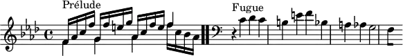 
\version "2.18.2"
\header {
  tagline = ##f
}

\score {
  \new Staff \with {
%fontSize = #-2
  }
<<
  \relative c' {
    \key f \minor
    \time 4/4

     %% INCIPIT CBT I-12, BWV 857, fa mineur
     << { s4*0^\markup{Prélude} f16 aes c f g, f' e g aes, c f e f4 } \\ { f,4 g aes f'16 c bes aes } >> \bar ".."

     \skip 8*1
     \override Staff.Clef.extra-offset = #'( -1 . 0 )
      \clef bass
     \relative c' { r4^\markup{Fugue} c4 des c b e f bes, a aes g2 
{ 
 % suppression des warnings :
 #(ly:set-option 'warning-as-error #f)
 #(ly:expect-warning (_ "stem does not fit in beam")) %% <= à traduire éventuellement
 #(ly:expect-warning (_ "beam was started here")) %% <= à traduire éventuellement
  \set stemRightBeamCount = #1
  f4*1/2[ s]
}
    }
  }
>>
  \layout {
     \context { \Score \remove "Metronome_mark_engraver" 
     \override SpacingSpanner.common-shortest-duration = #(ly:make-moment 1/2) 
   }
  }
  \midi {}
}

