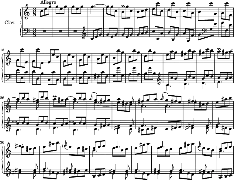 
\version "2.18.2"
\header {
  tagline = ##f
  % composer = "Domenico Scarlatti"
  % opus = "K. 157"
  % meter = "Allegro"
}

%% les petites notes
trillBq     = { \tag #'print { b8\prall } \tag #'midi { c32 b c b } }
trillAq     = { \tag #'print { a8\prall } \tag #'midi { b32 a b a } }

upper = \relative c'' {
  \clef treble 
  \key c \major
  \time 3/8
  \tempo 4. = 82
  \set Staff.midiInstrument = #"harpsichord"
  \override TupletBracket.bracket-visibility = ##f

      s8*0^\markup{Allegro}
      c8 e g | \repeat unfold 2 { g e g } | g4.~ | g8 g c, | \trillBq g'8 c, | b c d | e c' c, |
      % ms. 9
      d8 c' b, | c c' a, | b c' g, | a c' f,, | g c' e,, | f c'' d,, | e e' c | f, e' c |
      % ms. 17
      g8 e' c | a e' c | b b' g | c, b' g | d b' g | e a g | fis b a | gis c b |
      % ms. 25
      << { \stemDown \trillAq gis a~ \stemUp | a8 b a | gis c b | \stemDown \trillAq gis a~ \stemUp | a8 b a | \appoggiatura a16 g8 fis g | a4 e8 | fis g a } 
      \\ { s4. f4. | e8 s4 | s4. | f4. | e~ | e8 dis c | b4. } >>
      % ms. 33
      << { \appoggiatura a'16 g8 fis e } \\ { b4. } >>
      \repeat unfold 2 { << { fis'4. } \\ { e8 cis d | e ais b } >> } | \appoggiatura fis16 e8 d cis | << { d8 e f | e4. } \\ { b4. | d8 b c } >>
      % ms. 41
      d8 gis a | << { e4. } \\ { d8 b c } >> | d8 gis a | \appoggiatura e16 d8 c b | << { c8 d e } \\ { a,4. } >>
      % ms. 49
      

}

lower = \relative c' {
  \clef bass
  \key c \major
  \time 3/8
  \set Staff.midiInstrument = #"harpsichord"
  \override TupletBracket.bracket-visibility = ##f

    % ************************************** 
      R4.*3 |   \clef treble  c8 e g | \repeat unfold 2 { g e g } | g a b | c c, a' |
      % ms. 9
      b8 b, g' | a a, f' | g   \clef bass g, e' | f f, d' | e e, c' | d d, b' | c, c' c, | d c' d, |
      % ms. 17
      e8 c' e, | fis c' fis, | g g' g, | a g' a, | b g' b, |  \clef treble << { c8 c' b | a d c | b e d } \\ { \mergeDifferentlyDottedOn c,4. d e } >>
      % ms. 25
      << { c'8 b c~ | c d c | b e d | c b c~ | c d c | b ais b | a4 a8 | a4. } 
      \\ { f4. d e | f d e | fis4 e8 | dis8 e fis |  } >>
      % ms. 33
      e8 fis g |
      << { \repeat unfold 2 { ais4 ais8 | b4. } ais8 } \\ { \repeat unfold 2 { fis4 fis8 | g fis e } |
      fis8 gis ais } >> | b,8 c d | 
      % ms. 40
      \repeat unfold 2 { << { gis4 gis8 | a4.  } \\ { e4 e8 | f e d } >> } | << { gis8 } \\ { e8 f gis } >>  | a,8 b c 
      % ms. 49
      

}

thePianoStaff = \new PianoStaff <<
    \set PianoStaff.instrumentName = #"Clav."
    \new Staff = "upper" \upper
    \new Staff = "lower" \lower
  >>

\score {
  \keepWithTag #'print \thePianoStaff
  \layout {
      #(layout-set-staff-size 17)
    \context {
      \Score
     \override SpacingSpanner.common-shortest-duration = #(ly:make-moment 1/2)
      \remove "Metronome_mark_engraver"
    }
  }
}

\score {
  \keepWithTag #'midi \thePianoStaff
  \midi { }
}
