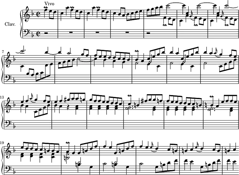 
\version "2.18.2"
\header {
  tagline = ##f
  % composer = "Domenico Scarlatti"
  % opus = "K. 205"
  % meter = "Vivo"
}

%% les petites notes
trillF       = { \tag #'print { f4\prall } \tag #'midi { g32 f g f~ f8 } }
trillFd      = { \tag #'print { f4_\prall } \tag #'midi { g32 f g f~ f8 } }
trillBes     = { \tag #'print { bes4\prall } \tag #'midi { c32 bes c bes~ bes8 } }
trillC       = { \tag #'print { c4\prall } \tag #'midi { d32 c d c~ c8 } }
trillB       = { \tag #'print { b4\prall } \tag #'midi { c32 b c b~ b8 } }
trillA       = { \tag #'print { a4\prall } \tag #'midi { b32 a b a~ a8 } }

upper = \relative c'' {
  \clef treble 
  \key f \major
  \time 2/2
  \tempo 2 = 72
  \set Staff.midiInstrument = #"harpsichord"
  \override TupletBracket.bracket-visibility = ##f

      \partial 2
      s8*0^\markup{Vivo}
      \trillF e8 d | \repeat unfold 2 { c4 a' \trillF e8 d } | c4 bes8 a bes c d e |
      % ms. 4
      f8 g a bes \repeat unfold 2 { \stemDown c2~ | c4 \stemUp c, } c'2~ | c2. \stemNeutral bes4~ |
      % ms. 8
      bes4 \stemUp a2 g8 f | f e e d d c c bes | \trillBes a4  \repeat unfold 2 { c8 e g bes | bes4 a } \repeat unfold 2 { \appoggiatura a16 g4 f8 e |
      % ms. 13
      e4 f } gis8 a a g | g f f e e d d c |
      % ms. 16
      \trillC b4 fis'8 g g f | f e e d d c c b | \trillB a4 e'8 f f e | e d d c c b b a | 
      % ms. 20
      \trillA g4 \repeat unfold 2 { g8 b d f | f4 e } \repeat unfold 2 { \appoggiatura e16 d4 c8 b | b4 c }

}

lower = \relative c' {
  \clef bass
  \key f \major
  \time 2/2
  \set Staff.midiInstrument = #"harpsichord"
  \override TupletBracket.bracket-visibility = ##f

    % ************************************** \appoggiatura a16  \repeat unfold 2 {  } \times 2/3 { }   \omit TupletNumber 
      r2 | R1*3 | r2 \stemDown \change Staff = "upper" \trillFd e8 d | \repeat unfold 2 { c4 a' \appoggiatura g16 \trillFd e8 d } | c4 \stemUp \change Staff = "lower"  bes8 a \stemDown bes c \change Staff = "upper"  d e | 
      % ms. 8
      f8 g a bes c2_~ | c4 bes a g | << { \repeat unfold 2 { \stemDown f2 \stemUp \shiftOn g2 } \stemDown f } \\ { \repeat unfold 2 { s2 e4 c } } >> 
      % ms. 12 suite
      \repeat unfold 2 { c8 e g bes | bes4 a } r4 < f a >4 | q q q q |
      % ms. 16
      < f g >2. < e g >4 | q q q q | < e f >2. < d f >4 | q q < c f >4 q |
      % ms. 20
      < b f' >2 \stemNeutral \change Staff = "lower"  \repeat unfold 2 { << { d2 | s2 } \\ { b4 g | c2 } >> } \repeat unfold 2 { g8 b d f | f4 e }

}

thePianoStaff = \new PianoStaff <<
    \set PianoStaff.instrumentName = #"Clav."
    \new Staff = "upper" \upper
    \new Staff = "lower" \lower
  >>

\score {
  \keepWithTag #'print \thePianoStaff
  \layout {
      #(layout-set-staff-size 17)
    \context {
      \Score
     \override SpacingSpanner.common-shortest-duration = #(ly:make-moment 1/2)
      \remove "Metronome_mark_engraver"
    }
  }
}

\score {
  \keepWithTag #'midi \thePianoStaff
  \midi { }
}
