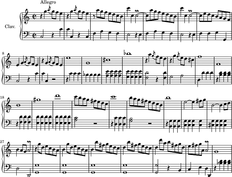 
\version "2.18.2"
\header {
  tagline = ##f
  % composer = "Domenico Scarlatti"
  % opus = "K. 309"
  % meter = "Allegro"
}

%% les petites notes
trillCb     = { \tag #'print { c2\prall~ } \tag #'midi { d32 c d c~ c8~ c4~ } }
trillAb     = { \tag #'print { a2\prall } \tag #'midi { b32 a b a~ a8~ a4~ } }

upper = \relative c'' {
  \clef treble 
  \key c \major
  \time 2/2
  \tempo 2 = 102
  \set Staff.midiInstrument = #"harpsichord"
  \override TupletBracket.bracket-visibility = ##f

      s8*0^\markup{Allegro}
      \repeat unfold 2 { r4 g'4 \acciaccatura a8 g8 f e4 } | r8 \repeat unfold 2 { a8 g f e d c b | c'4 c, \trillCb | c8 }
      % ms. 7 suite
      e8 d c b a g f  | e4 g4 \acciaccatura a8 g8 f e4 | r4 g4 \acciaccatura a8 g8 f e4 | e'1 |
      % ms. 11
      g,1 cis bes' | r4 a4 \acciaccatura g8 f8 e d4 | r4 g4 \acciaccatura f8 e8 d cis4 |
      % ms. 16
      f1 f, b gis' d' | c8 b a g fis e d c |
      % ms. 22
      c'1 |  b8 a g fis e d c b | b'1 | e,2~ e4 fis8 g | b,2~ b4 c8 d |
      % ms. 27
      b4 a8 g \trillAb | r4 \repeat unfold 2 { g'8 d e c b a | b4 } \repeat unfold 2 { b'8 fis g e d c | d4 }
      % ms. 32 suite
      d'8 a b fis g d | e fis g a, | \trillAb | g1

}

lower = \relative c' {
  \clef bass
  \key c \major
  \time 2/2
  \set Staff.midiInstrument = #"harpsichord"
  \override TupletBracket.bracket-visibility = ##f

    % ************************************** \appoggiatura a8  \repeat unfold 2 {  } \times 2/3 { }   \omit TupletNumber 
      c,2 r4 c'4 | c c, r4 c4 | \repeat unfold 2 { f a g f | e2 r4 e4 } | 
      % ms. 7
      f4 f g g, | c2 r4 c' | c c, r2 | r4 c' c c | 
      % ms. 11
      bes4 bes bes bes | < a e' > q q q | < g e' > q q q | < f d' >2 r4 q4 | g2 a |
      % ms. 16
      d,4 d' d d | r4 < b d >4 q q | r4 < f d' > q q | \repeat unfold 8 { < e d' >4 } | < a c >2 r2 |
      % ms. 22
      r4 < d, c' > q q | < g b >2 r2 | r4 < b, g' >4 q q | < c g' > q q q | < cis g' >4 q q q |
      % ms. 27
      d2 d, | \repeat unfold 4 { < g g' >1 } |
      % ms. 32
      < g g' >2 r4 b4 | c e d d, | r4 < bes'' d > q q |

}

thePianoStaff = \new PianoStaff <<
    \set PianoStaff.instrumentName = #"Clav."
    \new Staff = "upper" \upper
    \new Staff = "lower" \lower
  >>

\score {
  \keepWithTag #'print \thePianoStaff
  \layout {
      #(layout-set-staff-size 17)
    \context {
      \Score
     \override SpacingSpanner.common-shortest-duration = #(ly:make-moment 1/2)
      \remove "Metronome_mark_engraver"
    }
  }
}

\score {
  \keepWithTag #'midi \thePianoStaff
  \midi { }
}
