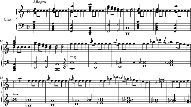 
\version "2.18.2"
\header {
  tagline = ##f
}

%% les petites notes
trillFb = { \tag #'print { f2\prall } \tag #'midi { g16 f g f~ f4 } }

upper = \relative c'' {
  \clef treble 
  \key c \major
  \time 2/2
  \tempo 2 = 120
  \set Staff.midiInstrument = #"harpsichord"
  \override TupletBracket.bracket-visibility = ##f


      s8*0^\markup{Allegro}
      \repeat unfold 2 { << { < g e' >4 s2. | < a e' >4 s2. | < a a' >4 s2. | < e' g c >4 } \\ { \repeat unfold 4 { c4 c8 c c4 c } } >> | < f a >4 < e g >8 < d f > < c e >4 < b d > |
      % ms. 6
      < b d >2 < c e > } | 
      % ms. 13
      g'4 g8 g g4 g | \appoggiatura a16 g4 g8 g g4 g | \appoggiatura aes16 g4 g8 g g4 g | g g bes des | \appoggiatura c16 bes4 aes8 g f4 e |
      % ms. 18 
      e2 \trillFb | f4 f8 f f4 f | \appoggiatura g16 f4 f8 f f4 f | \appoggiatura ges16 f4 f8 f f4 f | f f aes ces |
      % ms. 23
      \appoggiatura bes16 aes4 ges8 f ees4 d | d2 ees2-\parenthesize\prall | ees4 ees8 ees ees4 f | 

}

lower = \relative c' {
  \clef bass
  \key c \major
  \time 2/2
  \set Staff.midiInstrument = #"harpsichord"

    % **************************************
      \repeat unfold 2 { < c, e g c >4 s2. | < a c e a >4 s2. | < f c' f >4 s2. | < c e g c >4 s2. | < f f' >2 < g g' > |
      % ms. 6
      < c, c' >1 } |   \clef treble 
      % ms. 13
      < c'' c' >1^\markup{mg} | < d b' > | << { bes'2. c4 } \\ { e,1 } >> | < f bes des >1 | < g bes c e > |
      % ms. 18
      < aes c >1^\markup{mg} | < bes, bes' > | < c a' > | << { aes'2. bes4 } \\ { d,1 } >> | < ees aes ces >1 |
      % ms. 23
      < f aes bes d >1  | < ges bes > | q2. < f aes >4

}

thePianoStaff = \new PianoStaff <<
    \set PianoStaff.instrumentName = #"Clav."
    \new Staff = "upper" \upper
    \new Staff = "lower" \lower
  >>

\score {
  \keepWithTag #'print \thePianoStaff
  \layout {
      #(layout-set-staff-size 17)
    \context {
      \Score
     \override SpacingSpanner.common-shortest-duration = #(ly:make-moment 1/2)
      \remove "Metronome_mark_engraver"
    }
  }
}

\score {
  \keepWithTag #'midi \thePianoStaff
  \midi { }
}
