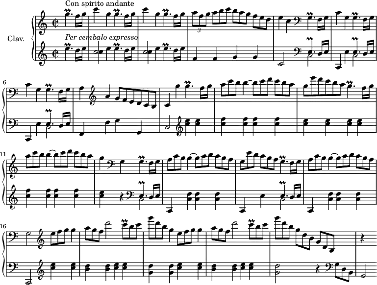 
\version "2.18.2"
\header {
  tagline = ##f
  % composer = "Domenico Scarlatti"
  % opus = "K. 356"
  % meter = "Con spirito andante"
}

%% les petites notes
trillGqpUp     = { \tag #'print { g'4.\prall } \tag #'midi { a16 g32 a g a g16~ g8 } }
trillGqpDown   = { \tag #'print { g,4.\prall } \tag #'midi { a16 g32 a g a g16~ g8 } }
trillGqp       = { \tag #'print { g4.\prall } \tag #'midi { a16 g32 a g a g16~ g8 } }
trillEqpUp     = { \tag #'print { e'4.\prall } \tag #'midi { f16 e32 f e f e16~ e8 } }
trillEqp       = { \tag #'print { e4.^\prall } \tag #'midi { f16 e32 f e f e16~ e8 } }
trillEqpDown   = { \tag #'print { e,4.\prall } \tag #'midi { f16 e32 f e f e16~ e8 } }
trillEqpDDown  = { \tag #'print { e,,4.\prall } \tag #'midi { f16 e32 f e f e16~ e8 } }
trillCq        = { \tag #'print { c8\prall } \tag #'midi { c32 d c~ c } }


upper = \relative c'' {
  \clef treble 
  \key c \major
  \time 2/2
  \tempo 2 = 59
  \set Staff.midiInstrument = #"harpsichord"
  \override TupletBracket.bracket-visibility = ##f

      s8*0^\markup{Con spirito andante}
      \partial 2 
      \repeat unfold 2 { \trillGqpUp f16 g | c4 g } \trillGqp f16 g | \times 2/3 { a8 f g }   \omit TupletNumber \times 2/3 { a8[ b c] } \times 2/3 { b8 a g } \times 2/3 { f8[ e d] }
      % ms. 4
      e4 c   \clef bass \repeat unfold 2 { \trillGqpDown f16 g | c4 g } \trillGqp f16 g | a4   \clef treble a' \times 2/3 { g8 f e } \times 2/3 { d8 c b } 
      % ms. 8
      c4 g'' \trillGqp f16 g | \times 2/3 { a8 c b } b4~ \times 2/3 { b8 c d } \times 2/3 { c8[ b a] } | \times 2/3 { g8 e' d] } \times 2/3 { c8 b a } \trillGqp f16 g | \times 2/3 { a8 c b } b4~ \times 2/3 { b8 c d } \times 2/3 { c8[ b a] } | 
      % ms. 12
      g4  \clef bass  g,, \trillGqp f16 g | \times 2/3 { a8 c b } b4~ \times 2/3 { b8 c d } \times 2/3 { c8[ b a] } | \times 2/3 { g8 e' d } \times 2/3 { c8[ b a] } \trillGqp f16 g | \times 2/3 { a8 c b } b4~ \times 2/3 { b8 c d } \times 2/3 { c8[ b a] } | 
      % ms. 16
      g2  \clef treble \times 2/3 { e''8 f g } g4 |  \times 2/3 { a8 g f } d'2  \times 2/3 { \trillCq b8 c }  \times 2/3 { g'8 d b }
 g4 \clef treble \times 2/3 { e8 f g } g4 |  \times 2/3 { a8 g f } d'2  \times 2/3 { \trillCq b8 c } 
      % ms. 20
      \times 2/3 { g'8 d b } \times 2/3 { g8[ d b] }  \times 2/3 { g8 d b } s4 | r4 s4

}

lower = \relative c' {
  \clef bass
  \key c \major
  \time 2/2
  \set Staff.midiInstrument = #"harpsichord"
  \override TupletBracket.bracket-visibility = ##f

      s8*0^\markup{\italic "Per cembalo expresso"}
    % ************************************** \appoggiatura a16  \repeat unfold 2 {  } \times 2/3 { }   \omit TupletNumber 
        \clef treble  \trillEqpUp d16 e | \repeat unfold 2 { << { c2 } \\ { c4 e \trillEqp d16 e } >> } | f,4 f g g 
      % ms. 4
      c,2   \clef bass \repeat unfold 2 { << { \trillEqpDown d16 e } \\ { c2 } >> | c,4 e' } << { \trillEqp d16 e } \\ { c2 } >> f,4 f' g g, |
      % ms. 8
      c2    \clef treble   < c'' e >4 q | < c f > q q q | < c e > q q q | < c f > q q q |
      % ms. 12
      < c e >4 r4 \clef bass  << { \trillEqpDDown d16 e } \\ { c2 } >> c,4 < c' f > q q | c, e' << { \trillEqp d16 e } \\ { c2 } >> | c,4 < c' f > q q |
      % ms. 16
      c,2  \clef treble   < c''' e >4 q | < b d > q < c e > q | < g d' > q < c e > q | < b d > q < c e > q |
      % ms. 20
      < g d' >2 r4  \clef bass \omit TupletNumber  \times 2/3 { g,8 d b } | g2

}

thePianoStaff = \new PianoStaff <<
    \set PianoStaff.instrumentName = #"Clav."
    \new Staff = "upper" \upper
    \new Staff = "lower" \lower
  >>

\score {
  \keepWithTag #'print \thePianoStaff
  \layout {
      #(layout-set-staff-size 17)
    \context {
      \Score
     \override SpacingSpanner.common-shortest-duration = #(ly:make-moment 1/2)
      \remove "Metronome_mark_engraver"
    }
  }
}

\score {
  \keepWithTag #'midi \thePianoStaff
  \midi { }
}
