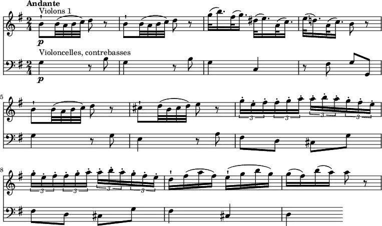 
<<
  \new Staff 
     \relative c'' { 
         \version "2.18.2"
         \clef "treble" 
         \tempo "Andante" 
         \key g \major
         \time 2/4
              b8-!\p ^\markup{Violons 1} b32 (a b c) d8 r8
               b8-! b32 (a b c) d8 r8
               g32 (b16.) fis32 (g16.) dis32 (e16.) a,32 (c16.)
               e32 (d!16.) a32 (c16.) b8 r8
                b8-! b32 (a b c) d8 r8
               cis8-! d32 (b cis d) e8 r8
               \tuplet 3/2 {g16-. e-. fis-.} \tuplet 3/2 {fis16-. g-. a-.} \tuplet 3/2 {a16-. b-. a-.}  \tuplet 3/2 {g16-. fis-. e-.}
               \tuplet 3/2 {g16-. e-. fis-.} \tuplet 3/2 {fis16-. g-. a-.} \tuplet 3/2 {a16-. b-. a-.}  \tuplet 3/2 {g16-. fis-. e-.}
               d16-! fis (a fis) e-! (g b g)
               g (fis) b (a) a8 r8
}
\new Staff
\relative c'' {
         \clef "bass" 
         \tempo "Andante" 
         \key g \major
         \time 2/4
          g,4\p^\markup{Violoncelles, contrebasses}  r8 b8
          g4 r8 b8
          g4 c,
          r8 fis8 g g,
          g'4 r8 g8
          e4 r8 a8
          fis d cis g'
          fis d cis g'
          fis4 cis
          d        
 }
>>
