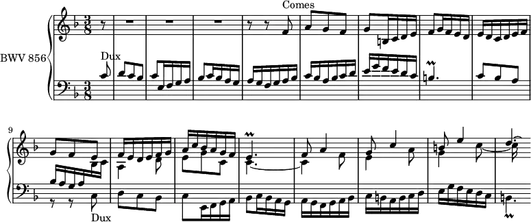 
\version "2.18.2"
\header {
  tagline = ##f
}

Pralleqp     = { \tag #'print { e4.\prall } \tag #'midi { \times 2/3 { f32 e f } e16~ e4 }  } % on pourrait le faire plus long
Prallbqp     = { \tag #'print { b4.\prall } \tag #'midi { \times 2/3 { c32 b c } b16~ b4 }  }
Prallbqpfin  = { \tag #'print { b4.*1/2\prall } \tag #'midi { \times 2/3 { c32 b c } b16~ b4 }  }

Dux          = { s4*0-\markup{Dux} c8 d c bes c e,16 f g a bes8 c16 bes a g a }
Comes        = { s4*0-\markup{Comes} f8 a g f g b,16 c d e f8 g16 f e d e }

upper = \relative c' {
  \clef treble 
  \key f \major
  \time 3/8
  \tempo 4. = 54 % tempo de Keller, identique au prélude
  \set Staff.midiInstrument = #"harpsichord" 

   %% FUGUE CBT I-11, BWV 856, fa majeur
   r8 R4.*3
   << { b'8\rest b8\rest \Comes d16 c d e f | g8 f e | f16 e d e f g | a c bes a g f | \Pralleqp f8 a4 g8 c4 | b8 e4 d4.*1/4~ \hideNotes d16 } \\ { s4.*5 \stemUp \change Staff = "lower" bes,16 a g a \stemDown \change Staff = "upper"  bes c a4 d8 | e g c, c4.~ c4 f8 e4 a8 g4 c8~ | c16 } >>
}

lower = \relative c' {
  \clef bass 
  \key f \major
  \time 3/8
  \set Staff.midiInstrument = #"harpsichord" 
    
    \partial 8 
   << { \Dux g16 f g a bes | c bes a bes c d | e g f e d c | \Prallbqp c8 bes a  } \\ { s8 s4.*8 r8 r8 \relative c { \Dux g16 f g a bes c b a b c d e g f e d c \Prallbqpfin } } >>
    
} 

 thePianoStaff = \new PianoStaff <<
    \set PianoStaff.instrumentName = #"BWV 856"
    \new Staff = "upper" \upper
    \new Staff = "lower" \lower
  >>

\score {
  \keepWithTag #'print \thePianoStaff
  \layout {
    \context {
      \Score
      \remove "Metronome_mark_engraver"
      \override SpacingSpanner.common-shortest-duration = #(ly:make-moment 1/2) 
    }
  }
}

\score {
  \keepWithTag #'midi \thePianoStaff
  \midi { }
}
