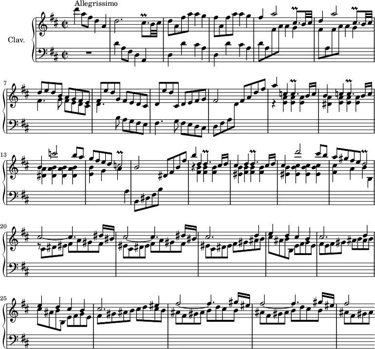 
\version "2.18.2"
\header {
  tagline = ##f
  % composer = "Domenico Scarlatti"
  % opus = "K. 479"
  % meter = "Allegrissimo"
}

%% les petites notes
trillCb          = { \tag #'print { c2\prall } \tag #'midi { \times 2/3 { d16 c d c d c~ } c4 } }
trillDb          = { \tag #'print { d2\prall } \tag #'midi { \times 2/3 { e16 d e } d8~ d4 } }
trilldp          = { \tag #'print { d4.\prall } \tag #'midi { \times 2/3 { e16 d e d e d~ } d8 } }
trillcp          = { \tag #'print { c4.\prall } \tag #'midi { \times 2/3 { d16 c d c d c~ } c8 } }
trillCisqpDown   = { \tag #'print { cis,8.\prall } \tag #'midi { \times 2/3 { d16 e d~ } d16 } }
trillCisqp       = { \tag #'print { cis8.\prall } \tag #'midi { \times 2/3 { cis16 d cis~ } cis16 } }
upper = \relative c'' {
  \clef treble 
  \key d \major
  \time 2/2
  \tempo 2 = 86
  \set Staff.midiInstrument = #"harpsichord"
  \override TupletBracket.bracket-visibility = ##f

      s8*0^\markup{Allegrissimo}
      d'4 a8 fis d4 a | d2. \trillCisqp b32 cis | d8 a fis' a a4 g 
      % ms. 4
      fis8 a, fis' a a4 g | \stemUp fis a2 \trillCisqpDown b32 cis | d4 a'2 \trillCisqpDown b32 cis | d8 e d b a g fis e |
      % ms. 8
      fis8 e' d g, fis e d cis | d e' d cis, d e fis g | fis2 fis8 a d fis | \stemUp a4 c, \trillcp b16 c |
      % ms. 12
      b4 c \trillcp b16 c | b4 c'2 b8 a | g fis e d \trillCb | b2 dis,8 fis b fis' |
      % ms. 16
      b4 d, \trilldp cis16 d | cis4 d \trilldp cis16 d | cis4 d'2 cis8 b | a gis fis e \trillDb |
      % ms. 20
      \repeat unfold 2 { cis2~ cis4. dis16 bis } | cis2. d4 |
      % ms. 23
      e4 d cis b | cis2. d4 | e d cis b | cis2. eis4 | 
      % ms. 27
      \repeat unfold 2 { fis2~ fis4. gis16 eis } | fis2 

}

lower = \relative c' {
  \clef bass
  \key d \major
  \time 2/2
  \set Staff.midiInstrument = #"harpsichord"
  \override TupletBracket.bracket-visibility = ##f

    % ************************************** \appoggiatura a16  \repeat unfold 2 {  } \times 2/3 { }   \omit TupletNumber 
      R1 |  d4 a8 fis d4 a | \repeat unfold 2 { d d' cis a } | 
      % ms. 5
      d8 a \stemDown \change Staff = "upper" fis' a a4 g | fis8  \change Staff = "lower" a, \change Staff = "upper" fis' a a4 g | fis4. g8 fis e d cis |
      % ms. 8
      d4.  \change Staff = "lower" b8 a g fis e | fis4. g8 fis e d cis | d fis a  \change Staff = "upper" d \change Staff = "lower" s2 | \change Staff = "upper"  d4\rest < e a >4  q q |
      % ms. 12
      < dis a' >4 < e a > q q | < dis a' > < dis a' b > q q | < e b' > g a \change Staff = "lower" a, | b,8 dis fis b s2 | \stemDown \change Staff = "upper"
      % ms. 16
      r4 < fis' b > q q | < eis b' > < fis b > q q | < eis b' > < eis b' cis > q q | < fis cis' > a b b, |
      % ms. 20
      r8 \repeat unfold 2 { cis8 dis eis fis a gis fis | eis } cis dis eis fis gis ais b |
      % ms. 23
      cis8 ais b b, e fis g e | fis e fis gis ais b ais b | cis8 ais b b, e fis g e | fis gis ais b cis d cis b |
      % ms. 27
      \repeat unfold 2 { ais fis gis ais b d cis b } | ais8 fis gis ais 

}

thePianoStaff = \new PianoStaff <<
    \set PianoStaff.instrumentName = #"Clav."
    \new Staff = "upper" \upper
    \new Staff = "lower" \lower
  >>

\score {
  \keepWithTag #'print \thePianoStaff
  \layout {
      #(layout-set-staff-size 17)
    \context {
      \Score
     \override SpacingSpanner.common-shortest-duration = #(ly:make-moment 1/2)
      \remove "Metronome_mark_engraver"
    }
  }
}

\score {
  \keepWithTag #'midi \thePianoStaff
  \midi { }
}
