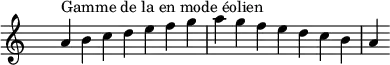 
\relative c'' { 
  \clef treble \time 7/4 \hide Staff.TimeSignature a4^\markup { Gamme de la en mode éolien } b c d e f g a g f e d c b a
}
