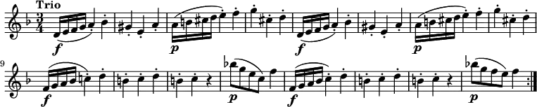 
\relative c' {
      \version "2.18.2"
      \clef "treble" 
      \tempo "Trio" 
      \key f  \major
      \time 3/4
    d16 \f (e f g a4-.) bes-.
    gis-. e-. a-.
    a16 \p (b cis d e4-.) f-.
    g-. cis,-. d-.
    d,16 \f (e f g a4-.) bes-.
    gis-. e-. a-.
    a16 \p (b cis d e4-.) f-.
    g-. cis,-. d-.
    f,16 \f (g a bes c!4-.) d-.
    b-. c-. d-.
    b-. c-. r4
    bes'!8 \p (g e c) f4
    f, 16 \f (g a bes c4-.) d-.
    b-. c-. d-.
    b-. c-. r4
    bes'!8 \p (g f e ) f4 \bar ":|."
}
