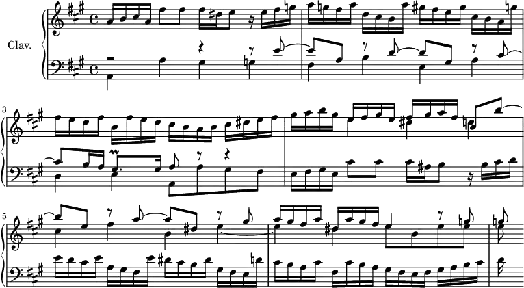 
\version "2.18.2"
\header {
  tagline = ##f
}

mordanG = { \tag #'print { gis8.\prall } \tag #'midi { \times 2/3 { a32 gis a } gis16 } }

upper = \relative c'' {
    \clef treble 
    \key a \major
    \time 4/4
    \tempo 4 = 66
    \set Staff.midiInstrument = #"harpsichord" 

   %% PRÉLUDE CBT I-19, BWV 865, la majeur
   a16 b cis a fis'8 fis fis16 dis e8 r16 e fis g a g fis a d, cis b a' gis fis e gis cis, b a g' fis e d fis b, fis' e d cis b a b cis dis e fis gis a b gis << { e16 fis gis e fis gis a fis b,8 b'~ | b e, r8 a~ a dis, r8 gis a16 gis fis a dis, a' gis fis e4 r8 g | g } \\ { e4 dis d cis fis b, e~ e dis e8 b e e e } >>
}

lower = \relative c {
    \clef bass 
    \key a \major
    \time 4/4
    \set Staff.midiInstrument = #"harpsichord" 

    << { r2 r4 r8 e'8~ e a, r8 d~ d gis, r8 cis~ cis b16 a \mordanG gis16 a8 r8 r4 } \\ { a,4 a' gis g fis b e, a d, e a,8 a' gis fis } >>
    e16 fis gis e cis'8 cis cis16 ais b8 r16 b cis d e d cis e a, gis fis e' dis cis b dis gis, fis e d' cis b a cis fis, cis' b a gis fis e fis gis a b cis d
} 


thePianoStaff = \new PianoStaff <<
    \set PianoStaff.instrumentName = #"Clav."
    \new Staff = "upper" \upper
    \new Staff = "lower" \lower
  >>

\score {
  \keepWithTag #'print \thePianoStaff
  \layout {
    \context {
      \Score
      \remove "Metronome_mark_engraver"
    }
  }
}

\score {
  \keepWithTag #'midi \thePianoStaff
  \midi { }
}

