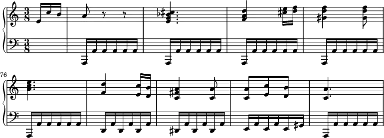 
\version "2.14.2"
\header {
  tagline = ##f
}
upper = \relative c'' {
  \clef treble 
  \key a \minor
  \time 3/8
  \tempo 4 = 68
  %\autoBeamOff
  \set Staff.midiInstrument = #"piano"
   
   \partial 8. e,16 c' b a8 r8 r8
   < cis bes g e >4. < d a f >4 < e cis >16 < f d >
   < f d gis, >4 < f d gis, >8 < e c a >4. < d f, >4
   < c e, >16 < b d, > < a fis c >4 < a c, >8 < a c, > < c e, > < b d, > < a c, >4.
   
}

lower = \relative c' {
  \clef bass
  \key a \minor
  \time 3/8
  \set Staff.midiInstrument = #"piano"
  \set Score.currentBarNumber = #72

   s8. \repeat unfold 5 { a,,16 \repeat unfold 5 { a' } }
   \repeat unfold 3 { d,16 a' }
   \repeat unfold 3 { dis,16 a' }
   \repeat unfold 2 { e16 a } e gis
    a,16 \repeat unfold 5 { a' }
}

\score {
  \new PianoStaff <<
    \set PianoStaff.instrumentName = #""
    \new Staff = "upper" \upper
    \new Staff = "lower" \lower
  >>
  \layout {
    indent = #0
    \context {
      \Score
      \remove "Metronome_mark_engraver"
      \override SpacingSpanner.common-shortest-duration = #(ly:make-moment 1/2)
    }
  }
  \midi { }
}
